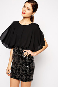 Black False Two-piece Kimono Chiffon Sleeve Sequin Mini Dress