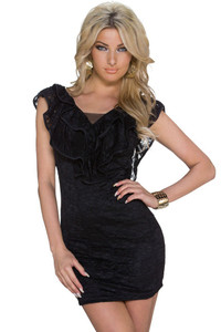 Black Flounce V-neck Lace Sheath Mini Dress