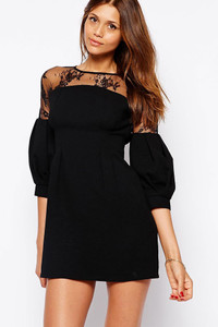 Puff Sleeves Lace Panel Detailed Mini Dress