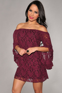 Wine Lace Off-The-Shoulder Mini Dress
