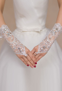 White Rhinestone Embellished Sheer Lace Fingerless Gloves