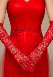 Red Stretch Lace Opera Length Gloves