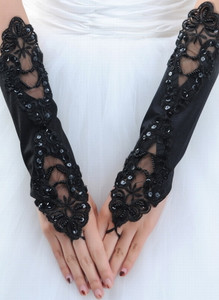 Black Elastic Satin Elbow Embroidery Gloves
