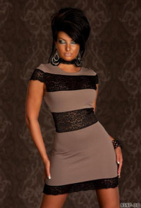 SEXY Taupe Black Lace Color Block Mini Dress Party Dancer Clubwear