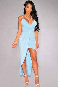 Sky Blue Knotted Front High-Low Jersey Dress