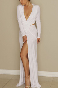 White Long Sleeve V Neck Floor-length Jersey Dress