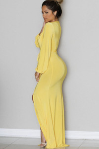 Yellow Plunge V Neck Front High Slit Maxi Jersey Dress