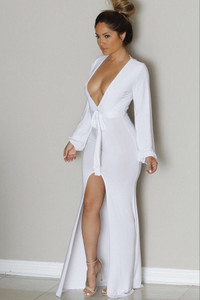 White Plunge V Neck Front High Slit Maxi Jersey Dress