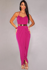 Sexy Halter Draped Gold Belted Rosy Jersey Maxi Dress