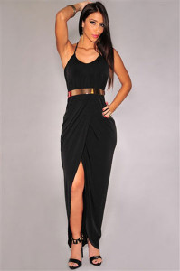 Sexy Halter Draped Gold Belted Black Jersey Maxi Dress