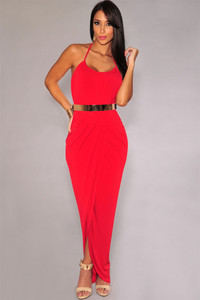 Sexy Halter Draped Gold Belted Red Maxi Dress