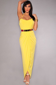 Sexy Halter Draped Gold Belted Yellow Jersey Maxi Dress