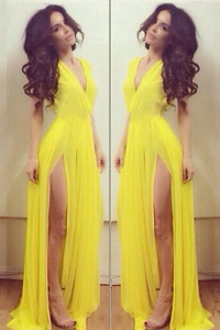 Yellow Elegant V Neck Side Split Chiffon Jersey Maxi Dress