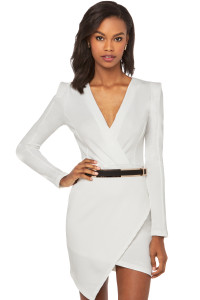 White Long-Sleeve Cross Over Mini Jersey Dress