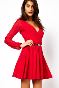Sexy Wrapped Neck Skater Jersey Dress with Belt
