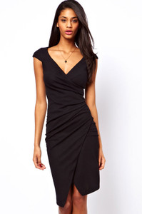Black Ruched Jersey Wrap Midi Dress