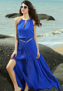 Blue Chiffon Maxi Dress With Gold Chain