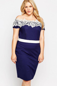 Plus Size Blue Contrast Lace Off Shoulder Pencil Dress