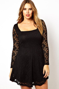 Plus Size Black Lace Overlay Skater Dress