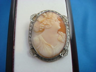 UNIQUE VINTAGE CAMEO 14K WHITE GOLD FILIGREE BROOCH