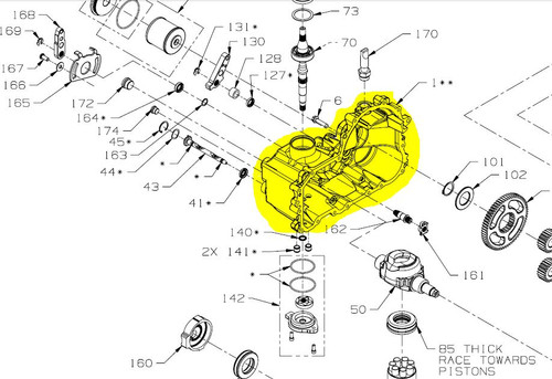 72687 } KIT MAIN LH                   <ul> <li>HydroGear major units, pumps, and motors are subject to 25% restocking fee if mis-ordered or returned</li> <li>We have extensive in stock unit inventory and utilize HydroGear expedited service production for all non-stock units</li><li>Expect Salem Power Equipment availability to meet or beat nearly all HydroGear dealers</li> <li>Please confirm your part requirement and match to the part number or substitution from your current unit</li>