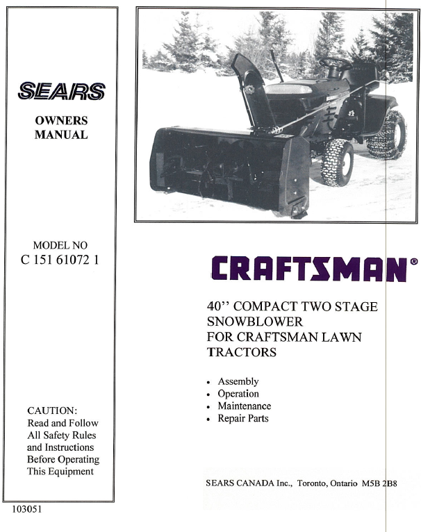 C 151 61072-2 } 40" Compact snowblower for Craftsman tractor (Sears) -  Salem Power Equipment, LLC