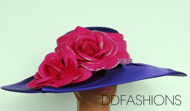  Large Wavy Brim ladies hat with Large Contrasting Floral Bow and Matching Band