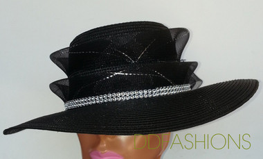 Ladies black hat with wide wavy brim with jewelry band