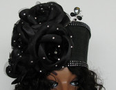 Ladies black pillbox hat, Large Clustered bow, rhinestone