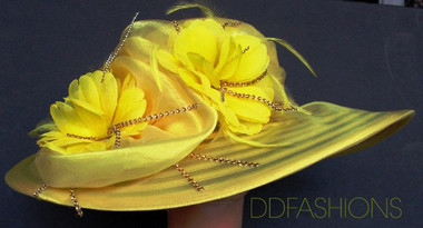 Wavy Brimmed Yellow Ladies Hat, Large Floral Cluster