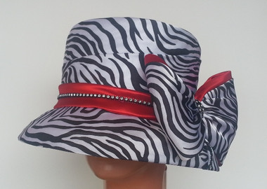 Ladies animal zebra print narrow brimmed hat with dual red bands