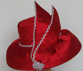 Elegant Handmade Ladies Red Ornamental, Low Brimmed Hat with Vertical Bow