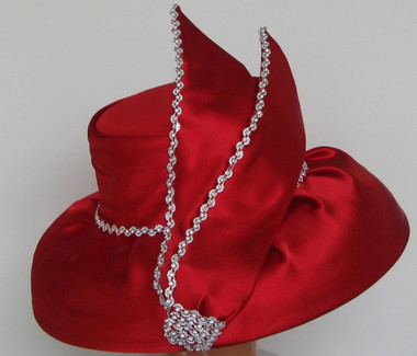 Elegant Handmade Ladies Red Ornamental, Low Brimmed Hat with Vertical Bow