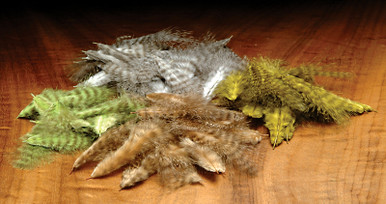 Grizzly Mini Marabou Feather s- Natural (top), Olive (right), Tan (bottom)