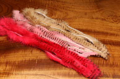 Hareline Black Barred Rabbit Strips- 1/8" (Left to Right- Sockeye Red, Salmon Pink, Tan)