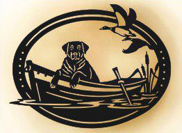 Lab in Boat   # DO 3   25" x 31"  Black powder coated and will not rust looks awesome on fences and  walls.