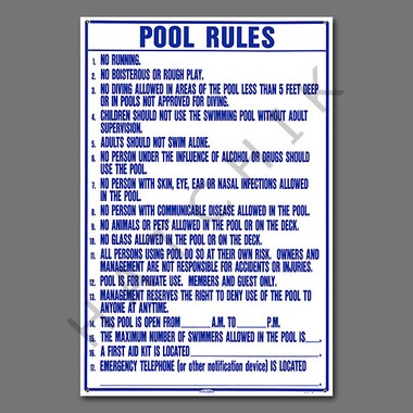 X4036 SIGN-"POOL RULES" 24"X36" #R234100 SIGN POOL RULES 6  PK N.CAROLINA 24 X 36