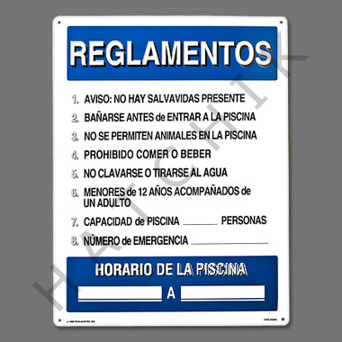 X4039 SIGN- "POOL RULES" IN SPANISH SIGN-SPAN "REGLAMENTOS"POOL RU