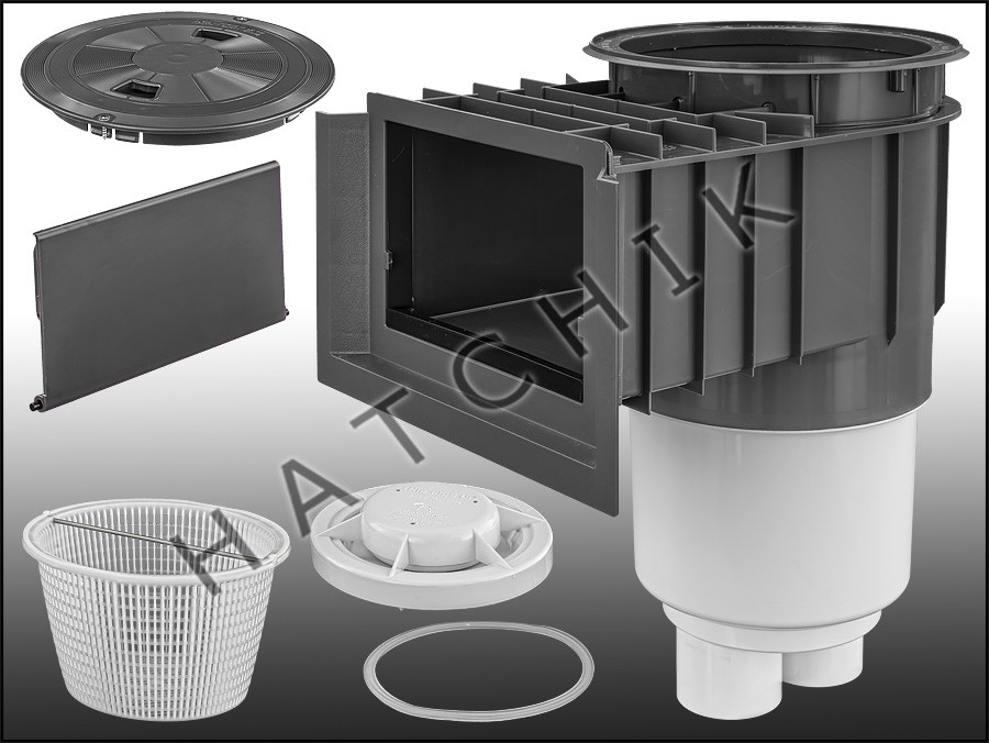 AQUASTAR SKIMMER W/WATERSTOP DARK GRAY FLOAT, BASKET, LID, & COLLAR