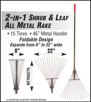 F5099 LEAF RAKE 2 IN 1 SHRUB & LEAF ALL METAL RAKE 8" TO 22" FOLDABLE