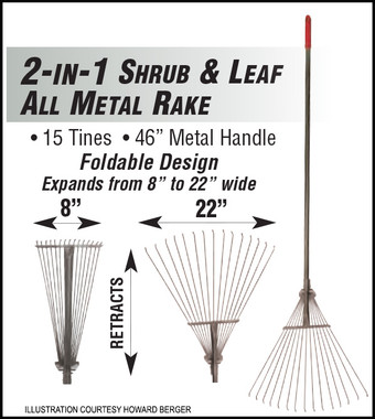 F5099 LEAF RAKE 2 IN 1 SHRUB & LEAF ALL METAL RAKE 8" TO 22" FOLDABLE