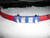 Red cork covered leather , blue (darker than photo) and silver accents. Antique silver magnetic clasp. Will cut to size up to 8 inches. Please order and send email to jean@graysondesignstudio.com