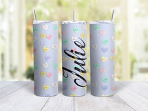 20oz Skinny Tumbler Personalized Valentines Candy Hearts - Stainless Steel Double Wall Insulated Cup With Lid And Straw