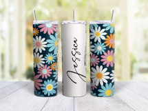 20oz Skinny Tumbler Personalized Floral Retro Daisies - Stainless Steel Double Wall Insulated Cup With Lid And Straw