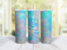 20oz Skinny Tumbler Personalized Multicolored Blue And Silver Glitter  - Stainless Steel Double Wall Insulated Cup With Lid And Straw