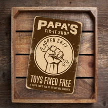 Vintage-Style "Papa's Fix-It Shop" Sign - Humorous Rustic Metal Wall Decor With Emblem And Tagline - Perfect For Garages And Workshops