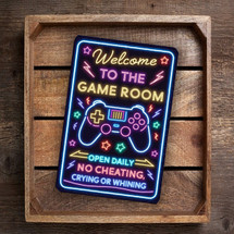 Vibrant Neon "Welcome To The Game Room" Sign - Playful And Inviting Gaming Decor With Controller And Stars 8x12