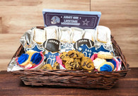 6 dreamy lemon bars, three buckets of gourmet cookies and six designed cookies in a beautiful wicker basket.