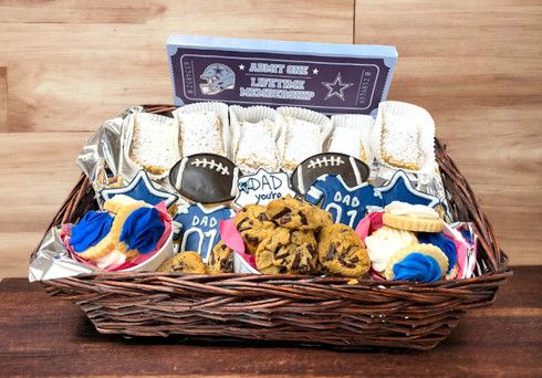 6 dreamy lemon bars, three buckets of gourmet cookies and six designed cookies in a beautiful wicker basket.