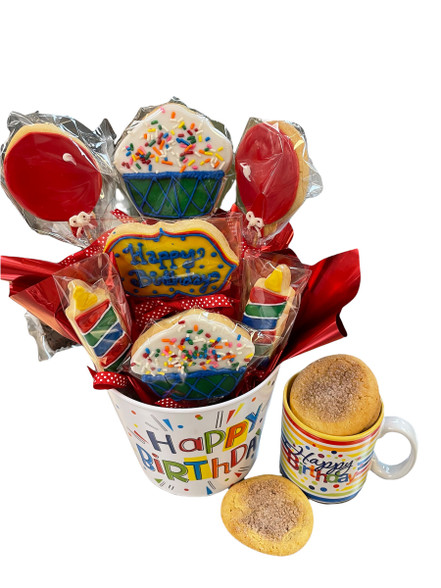 Seven cookie birthday arrangement with mug